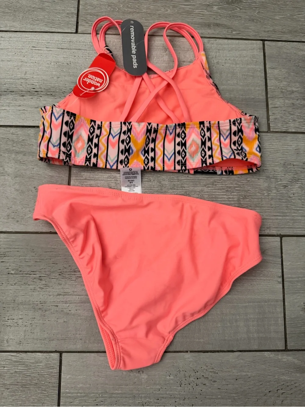 wonder nation Coral Pink & Multicolor Aztec Girls' Tankini